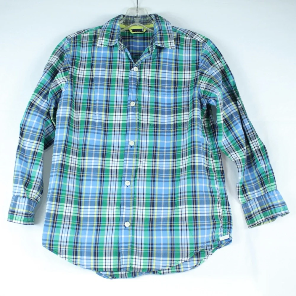 Gap Kids Blue & Green Plaid Flannel Long Sleeve‎ Button Up Shirt Boys Size L
